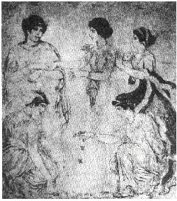 Jugadoras de huececillos en un fresco de Pompeya, Museo Nazionale, Npoles