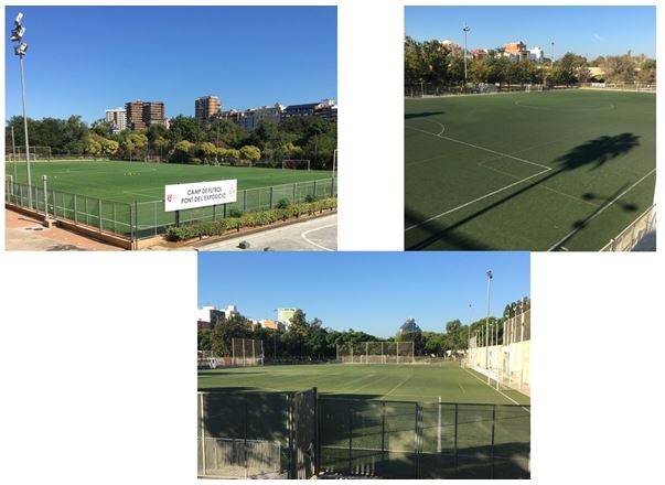 Figura 9. No sentido horário, campos de futebol do CD Serranos, Atlético del Turia CF, e CD El Rumbo