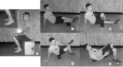 Figura 3. Autoliberação miofascial pré-avaliação. Fáscia plantar utilizando uma bolinha (A), Gastrocnêmio e Sóleo utilizando o rolo de espuma (B), Isquiotibiais utilizando o rolo de espuma (C), Glúteos utilizando o rolo de espuma (D) e Paravertebrais utilizando o rolo de espuma (E)