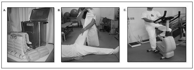 Figure 1. (A) shows the hydrocollator hot pack. (B) and (C) represent parts of therapeutic exercises