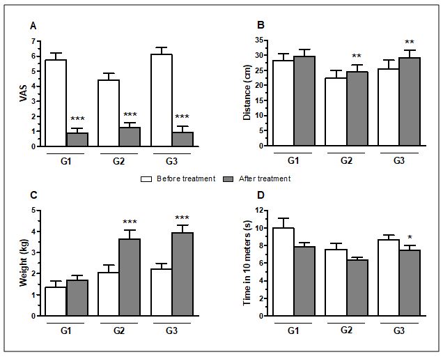 Figure 3. Effects of superficial heat and/or therapeutic exercise on knee pain, muscle flexibility, strength gain, and walking time. Visual analogue scale (VAS) (A), Wells' bank test (B), Muscle strength test (C), and Walking test (D). Each point represents 10 patients with SEM (Standard Error of the Mean). Asterisks denote significance levels of treatment compared with before treatment, *p < 0.05, **p < 0.01, ***p < 0.001