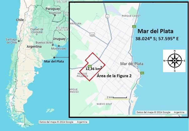 Figura 1. Mapa de Mar del Plata y del área de 12,36 km2 recorrida y analizada en este trabajo