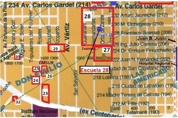 Figura 3. Detalle de la ubicación del edificio de la Escuela 28 y sus alrededores