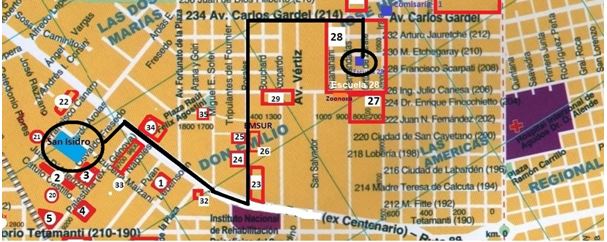 Figura 4. Distancia entre el campo deportivo de San Isidro y la Escuela 28. Un viaje de 5 minutos en auto, 10 en bicicleta, 12 en “colectivo” (autobús) y 20 a pie, en negro