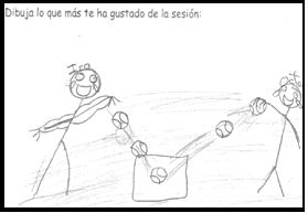 Figura 1. Dibujo de niño 8 sobre dominio psicomotriz terrestre (Alegría - Reglas I, Espacio I, Relación I, Material I y Personas E)