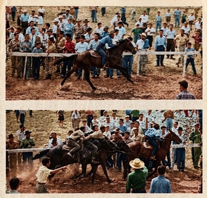 Figura 3. Foto de dos carreras realizadas en el Campo Ayala el 11 de abril de 1954. Arriba “Alí Khan” de don Antonio Escarre a la hora de llegar a la meta. Abajo “Farolito”, “Rolling” y “Chicua” entrando a la meta