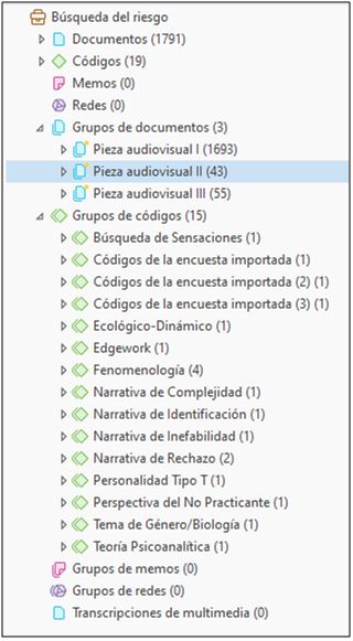Figura 1. Captura de pantalla del proyecto de ATLAS.ti con todos los componentes de las tres piezas audiovisuales de la serie