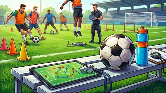Figura 1. Banco de entrenador con balón, silbato, agua y una tableta táctica durante un entrenamiento de fútbol
